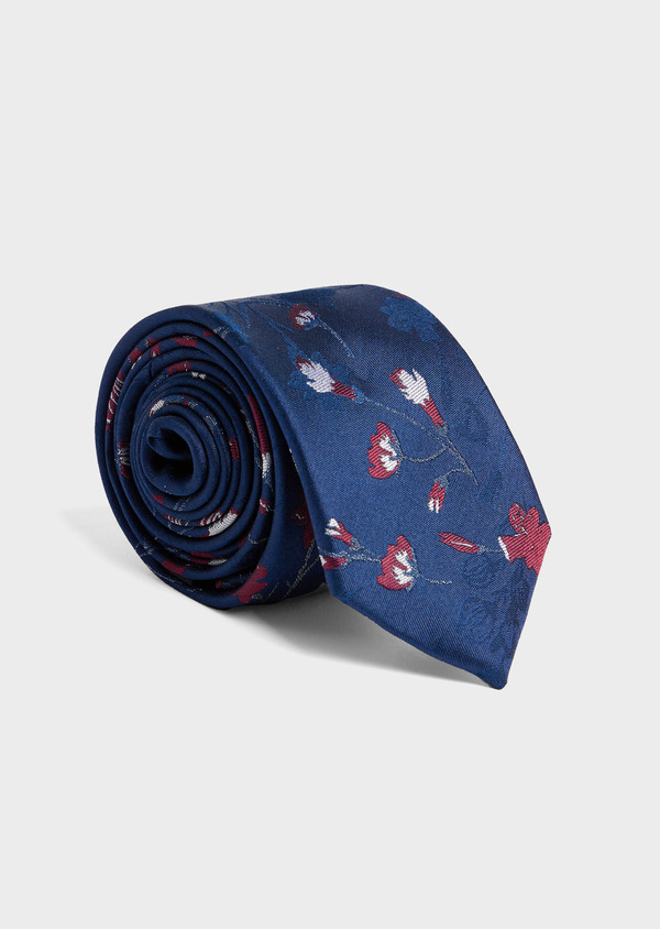 Cravate fine en soie bleu cobalt à motif fleuri rouge et blanc - Father and Sons 52072