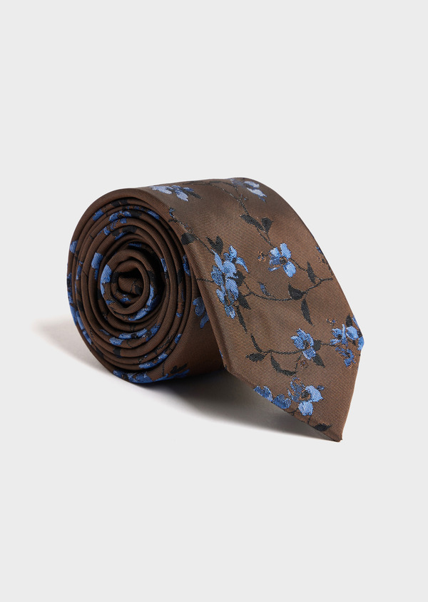 Cravate large en soie mélangée cognac à motif fleuri bleu - Father and Sons 52063