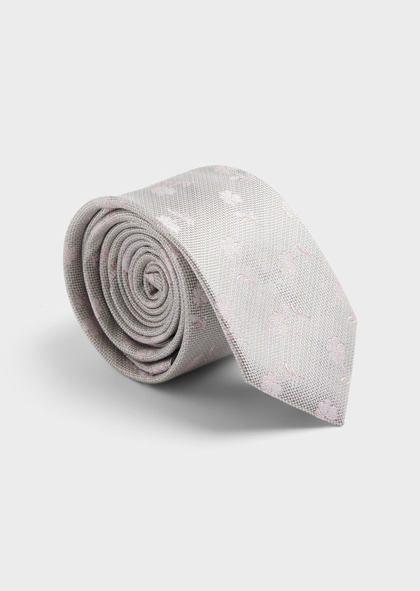 Cravate large en soie gris perle à motif fleuri rose - Father and Sons 62032
