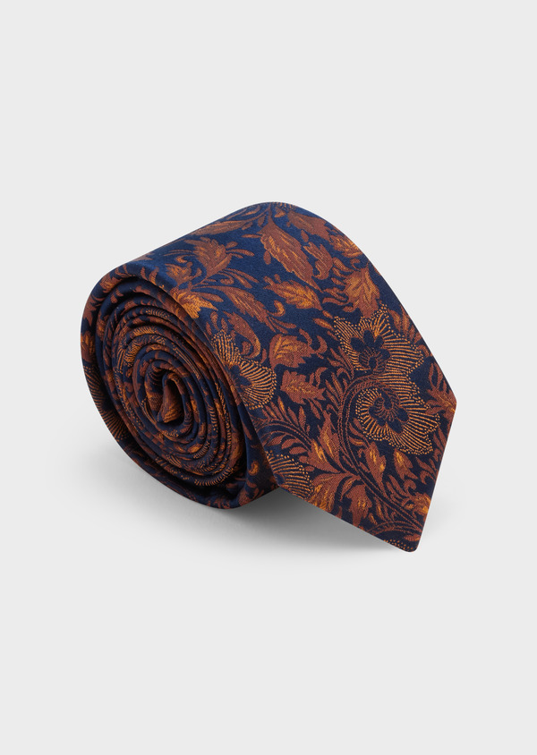 Cravate fine en soie bleu marine à motif fleuri orange - Father and Sons 48235