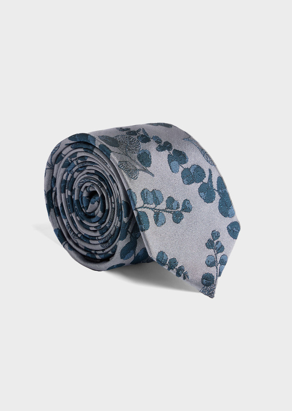Cravate large en soie mélangée grise à motif fleuri bleu prusse - Father and Sons 52070