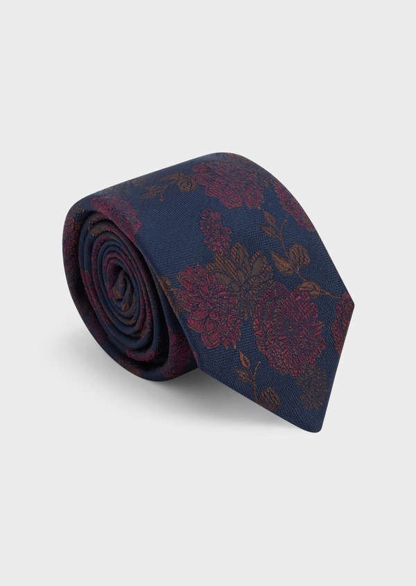 Cravate large en soie bleu marine à motif fleuri bordeaux et marron - Father and Sons 48233