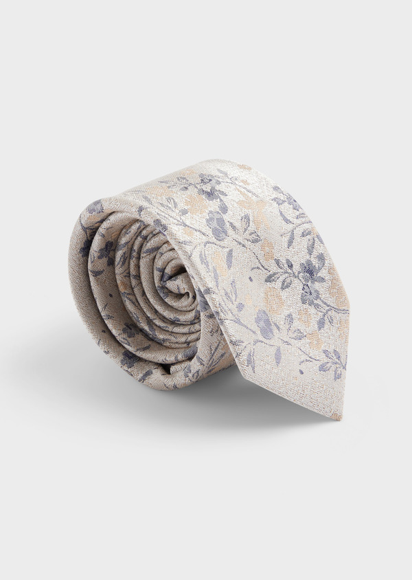 Cravate large en coton et soie mélangés sable à motif fleuri bleu - Father and Sons 61828