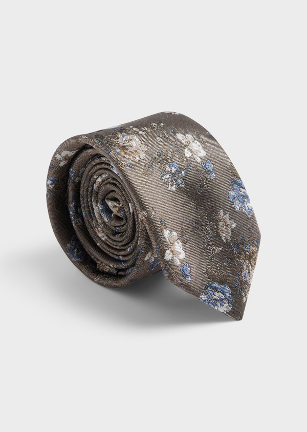 Cravate large en soie mélangée taupe à motif fleuri bleu - Father and Sons 61823
