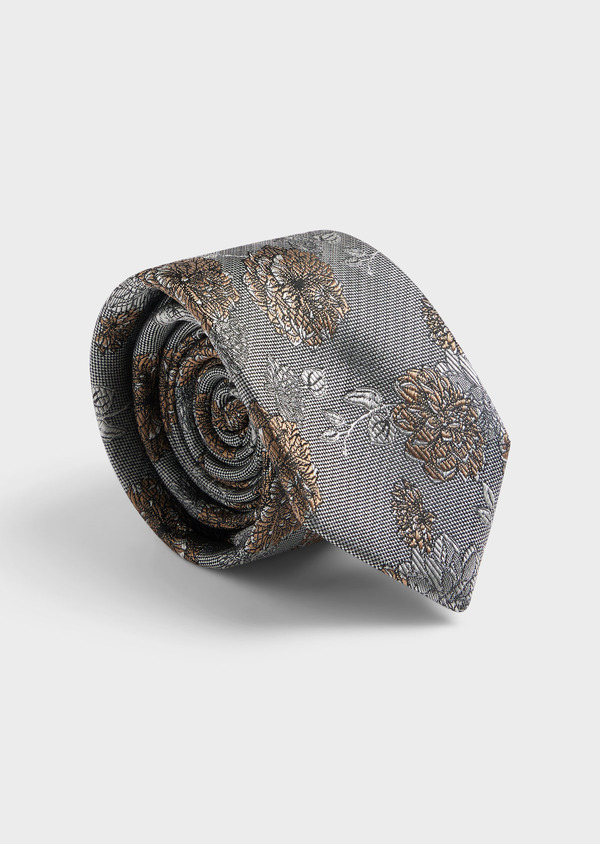 Cravate large en soie mélangée grise à motif fleuri taupe - Father and Sons 61826