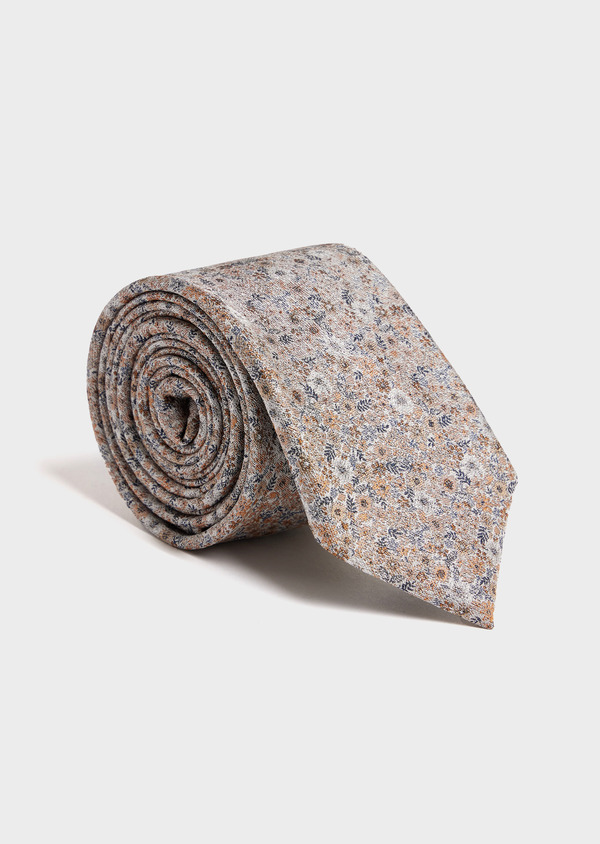 Cravate large en soie mélangée grise à motif fleuri terracotta - Father and Sons 52065