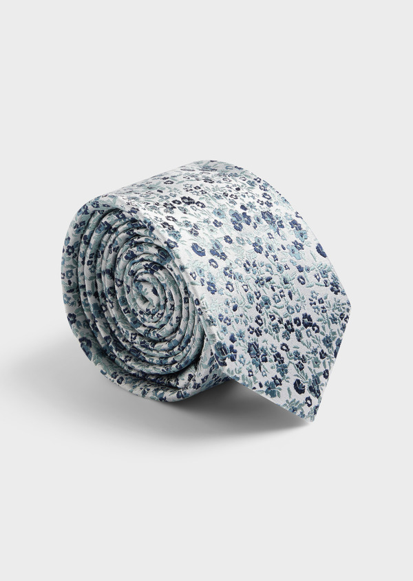Cravate large en soie grise à motif fleuri vert d'eau et bleu - Father and Sons 62039