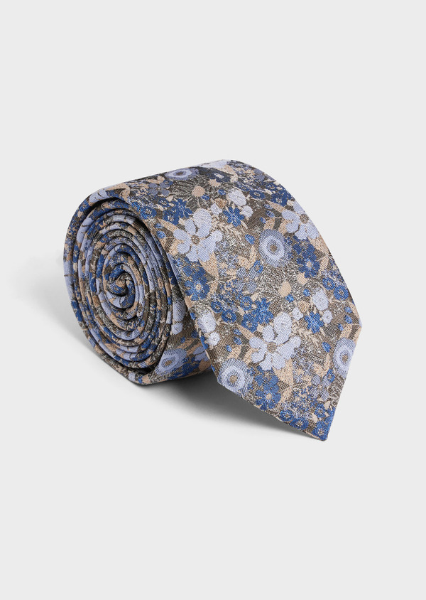 Cravate large en soie mélangée cognac à motif fleuri bleu chambray - Father and Sons 57878