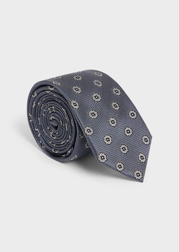 Cravate large en soie bleu chambray à motif fantaisie gris - Father and Sons 58138
