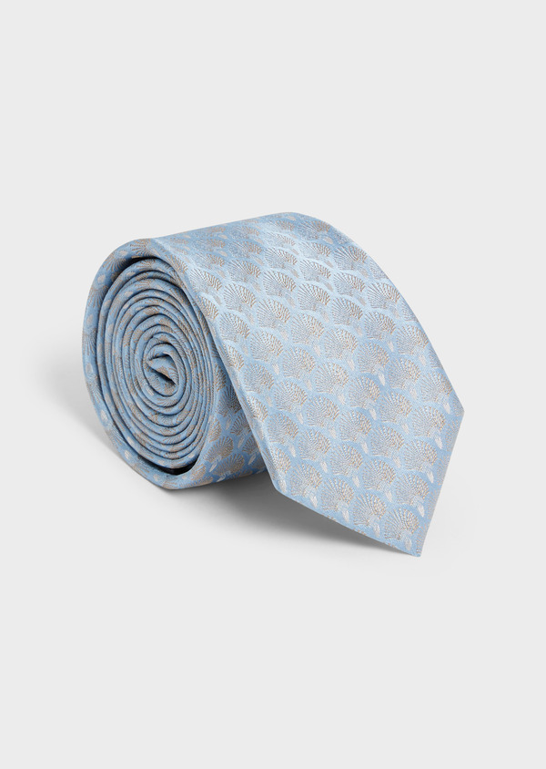 Cravate large en soie mélangée bleu ciel à motif fleuri beige - Father and Sons 57891