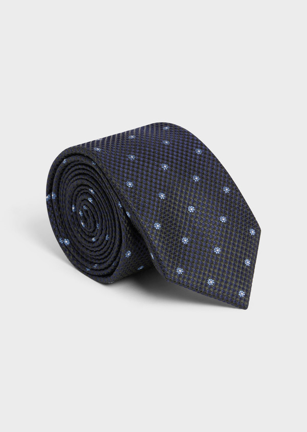 Cravate large en soie kaki à motif fleuri bleu et blanc - Father and Sons 58155