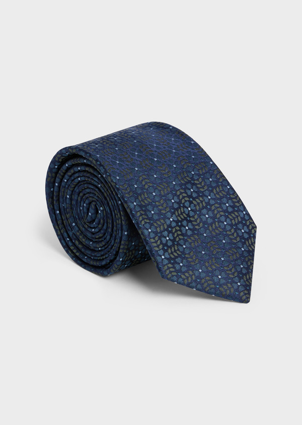 Cravate large en soie bleu marine à motif fleuri kaki et bleu ciel - Father and Sons 57890