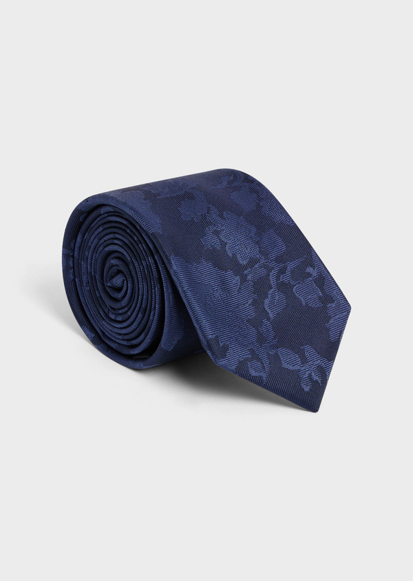 Cravate large en soie bleu marine à motif fleuri - Father and Sons 58151