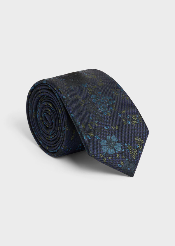 Cravate large en soie mélangée bleu à motif fleuri bleu prusse et kaki - Father and Sons 57897
