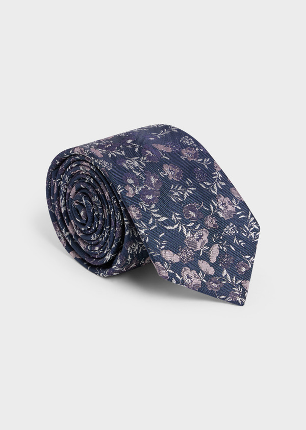 Cravate large en soie bleu marine à motif fleuri rose pâle - Father and Sons 58145
