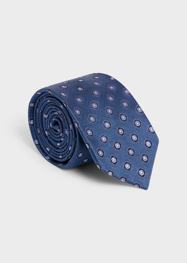 Cravate large en soie bleue à motifs géométriques bleu azur - Father and Sons 58136