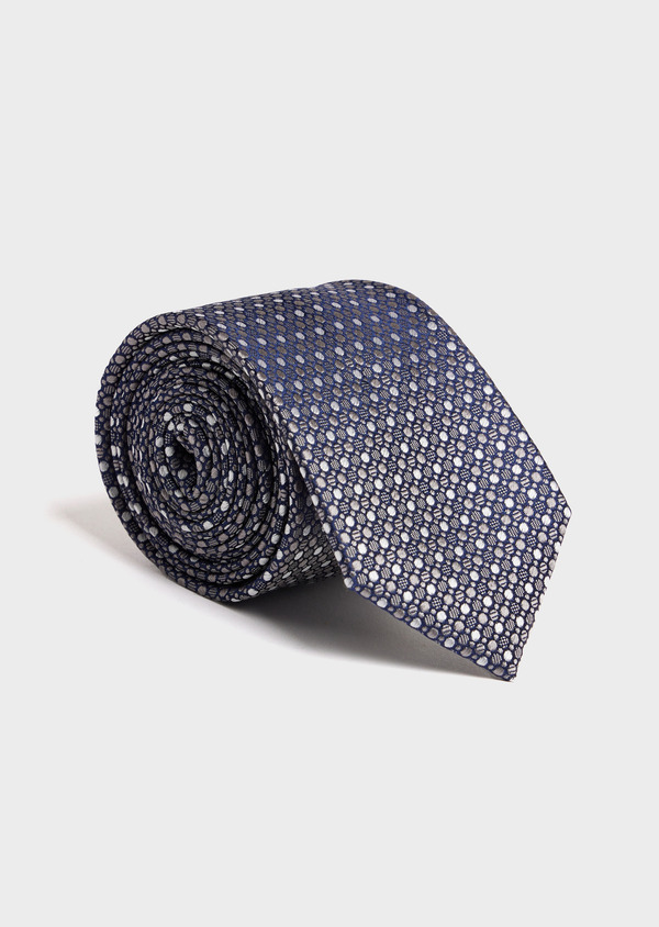 Cravate large en soie bleu marine à motifs géométriques beige et blanc - Father and Sons 52457