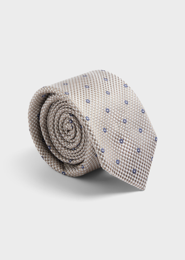 Cravate large en soie beige à motif fantaisie bleu - Father and Sons 62026
