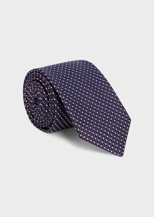 Cravate large en soie bleu indigo à motifs géométriques blanc et rouge - Father and Sons 48480