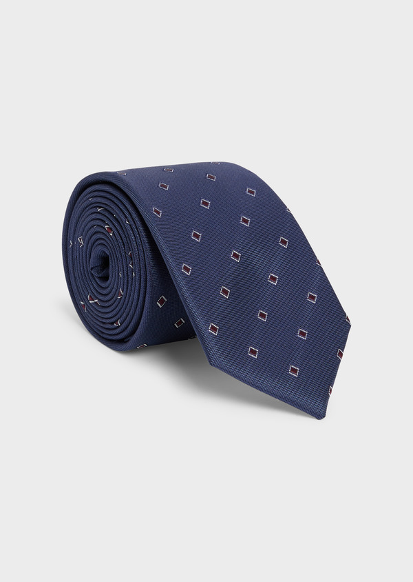 Cravate large en soie bleu indigo à motifs géométriques bordeaux et blanc - Father and Sons 48484