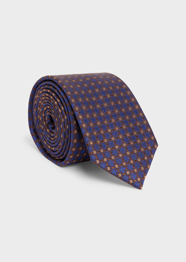 Cravate large en soie bleu cobalt à motifs géométriques cognac - Father and Sons 48492