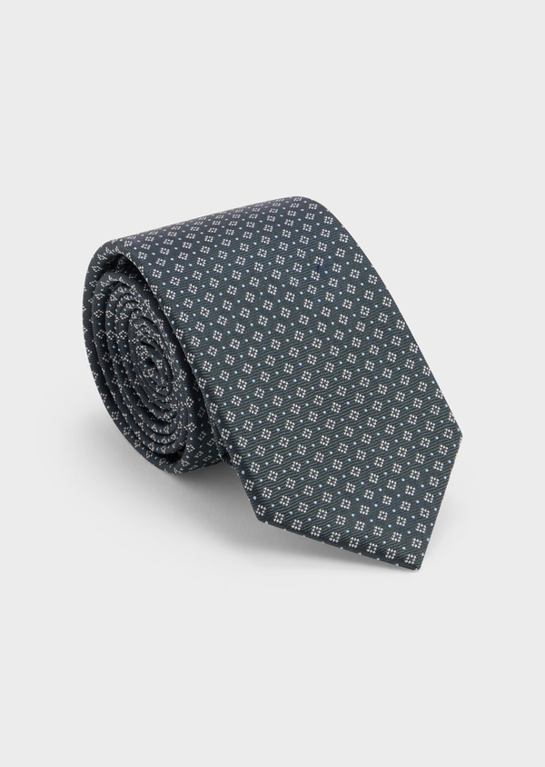 Cravate large en soie bleu prusse à motifs géométriques blanc et bleu ciel - Father and Sons 48498
