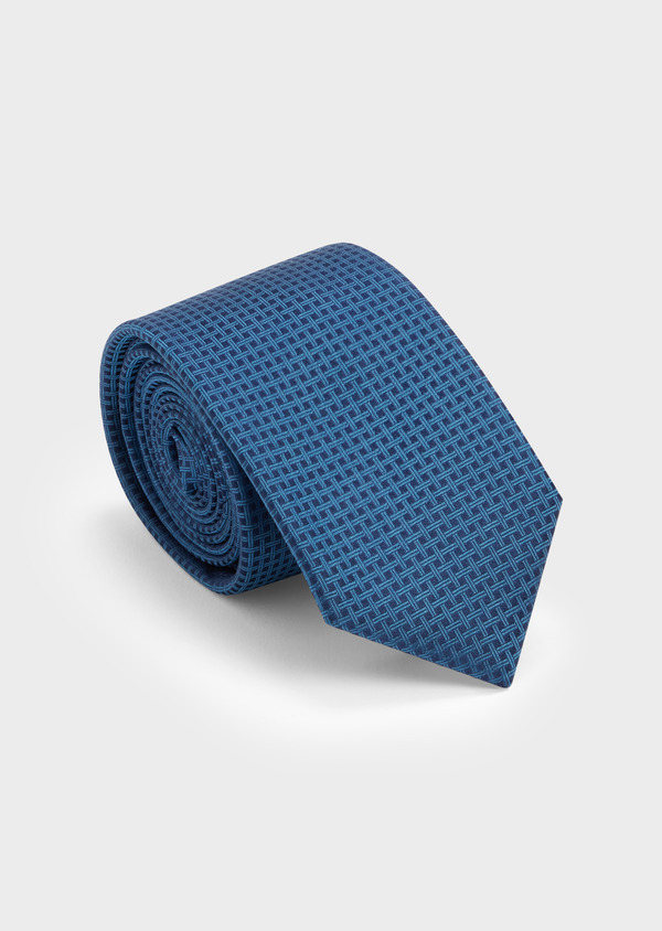 Cravate large en soie bleu marine à motifs géométriques bleu prusse - Father and Sons 48500