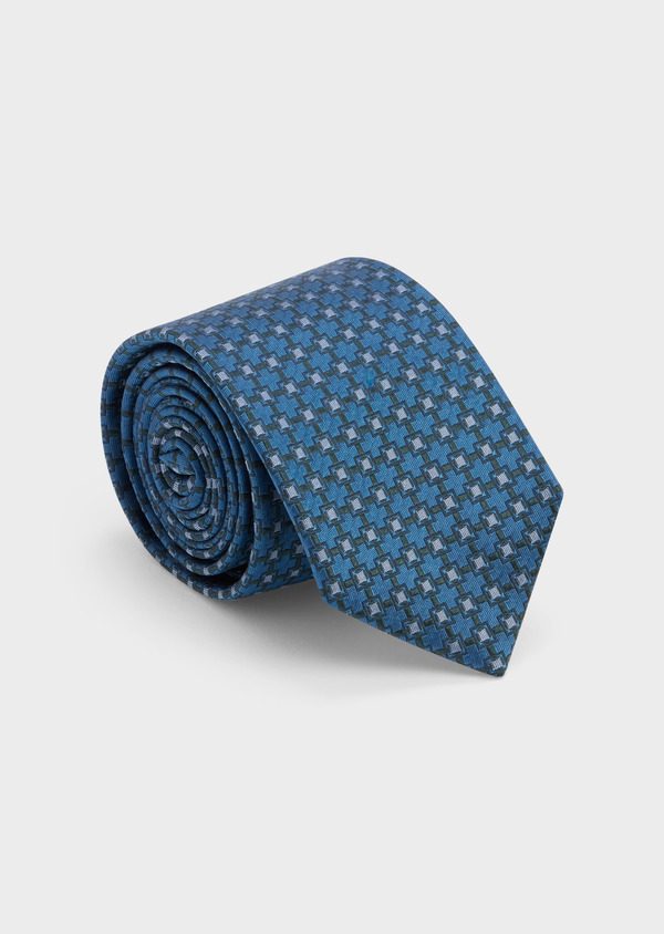 Cravate large en soie bleu prusse à motifs géométriques gris - Father and Sons 48501