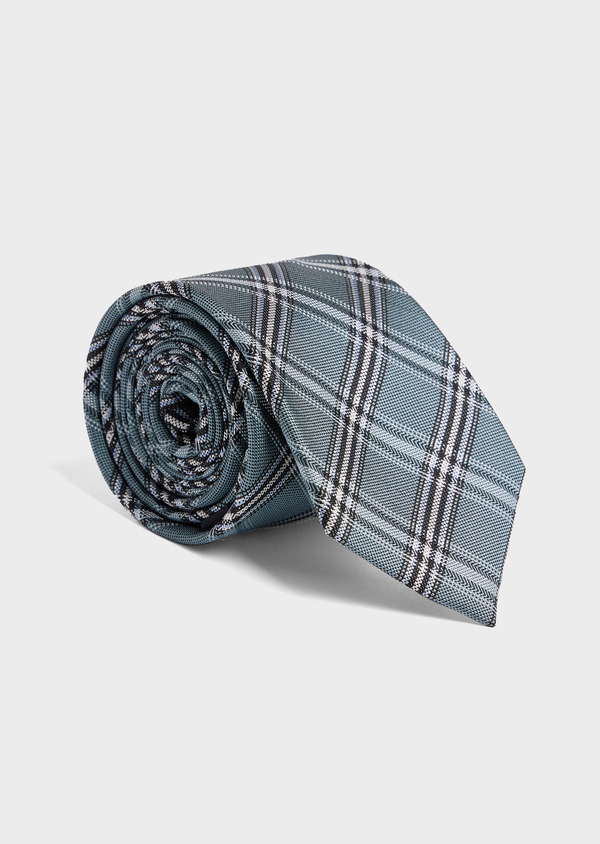 Cravate large en soie bleu céruléen à carreaux blanc et noir - Father and Sons 52438