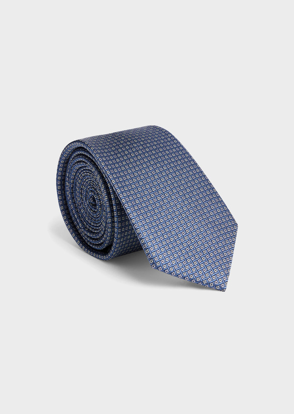 Cravate large en soie bleu chambray à motifs géométriques blancs - Father and Sons 55979