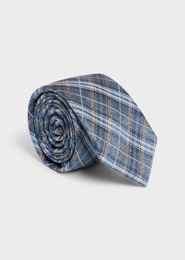 Cravate large en soie mélangée bleu chambray à carreaux - Father and Sons 57879