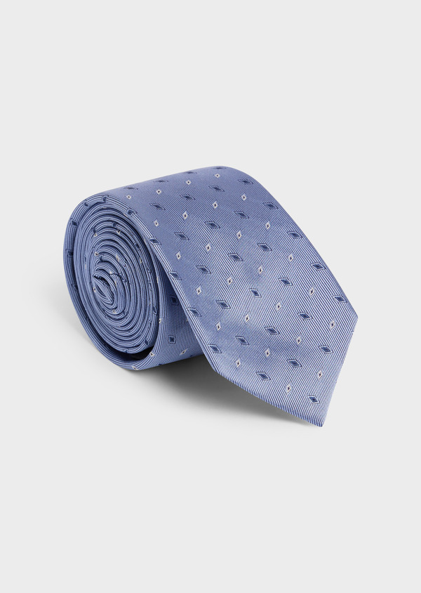 Cravate large en soie bleu chambray à motifs géométriques bleu et blanc - Father and Sons 58134
