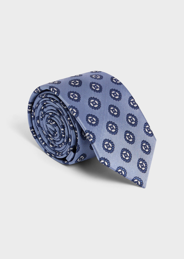 Cravate large en soie bleu ciel à motif fantaisie bleu et blanc - Father and Sons 58152