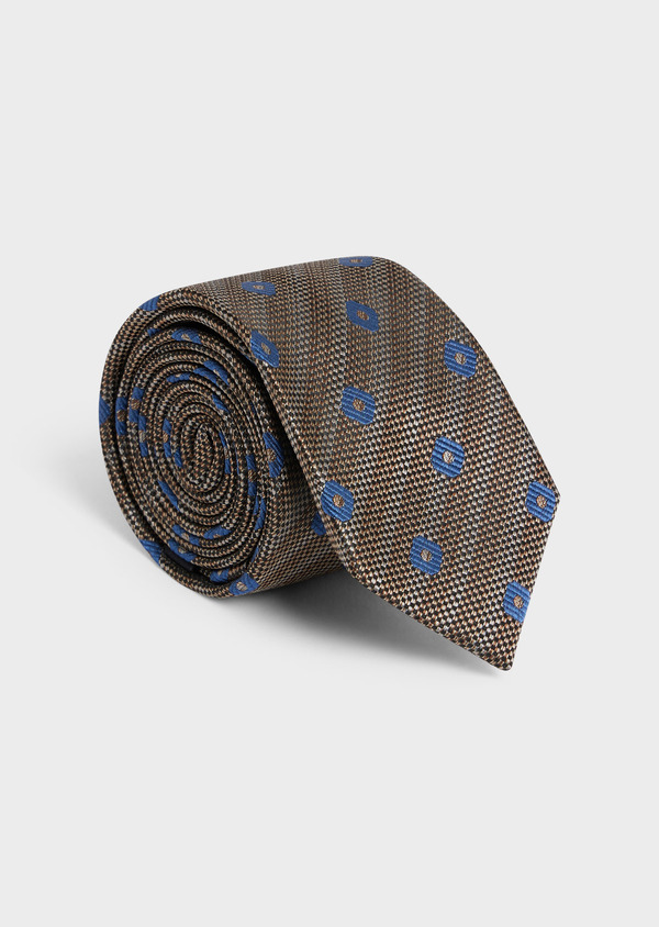 Cravate large en soie mélangée cognac à motifs géométriques bleus - Father and Sons 57886