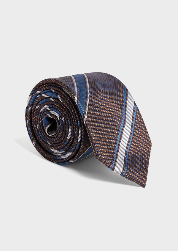 Cravate large en soie cognac à rayures bleu et blanc - Father and Sons 52432