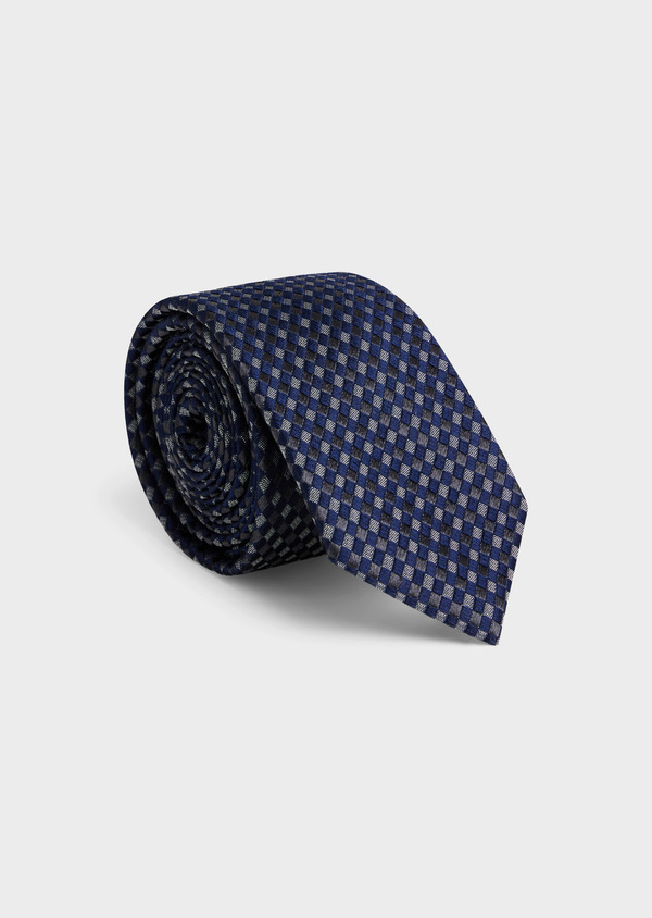Cravate large en soie bleu marine à carreaux noirs - Father and Sons 55985