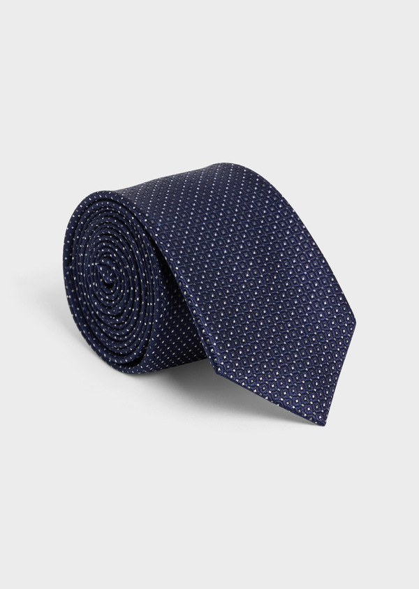 Cravate large en soie bleu marine à pois gris et blanc - Father and Sons 57905