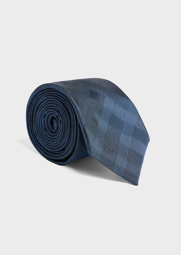 Cravate large en soie mélangée bleu prusse à carreaux - Father and Sons 52071