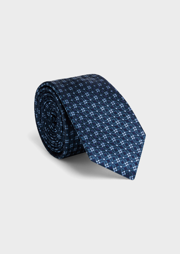 Cravate large en soie bleu prusse à motifs géométriques bleu ciel - Father and Sons 55981