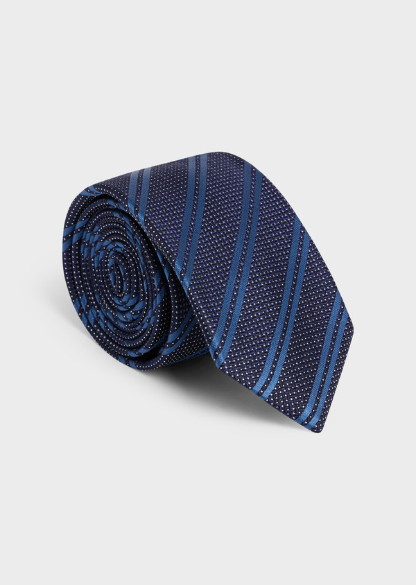 Cravate large en soie bleu marine à rayures bleu azur - Father and Sons 58135