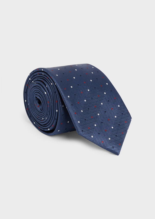 Cravate large en soie bleu indigo à pois bleu, blanc, rouge - Father and Sons 48482