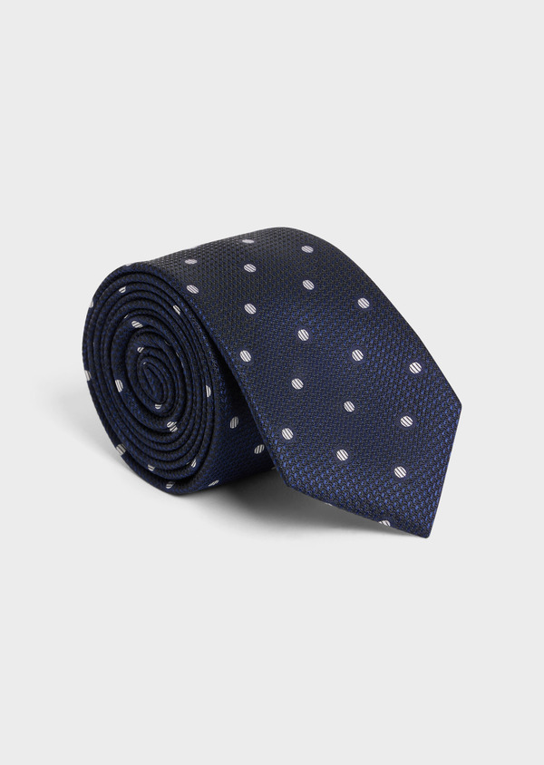 Cravate large en soie mélangée bleu marine à pois blancs - Father and Sons 57898