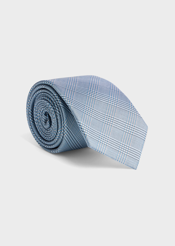 Cravate large en soie blanche Prince de Galles bleu céruléen - Father and Sons 55800