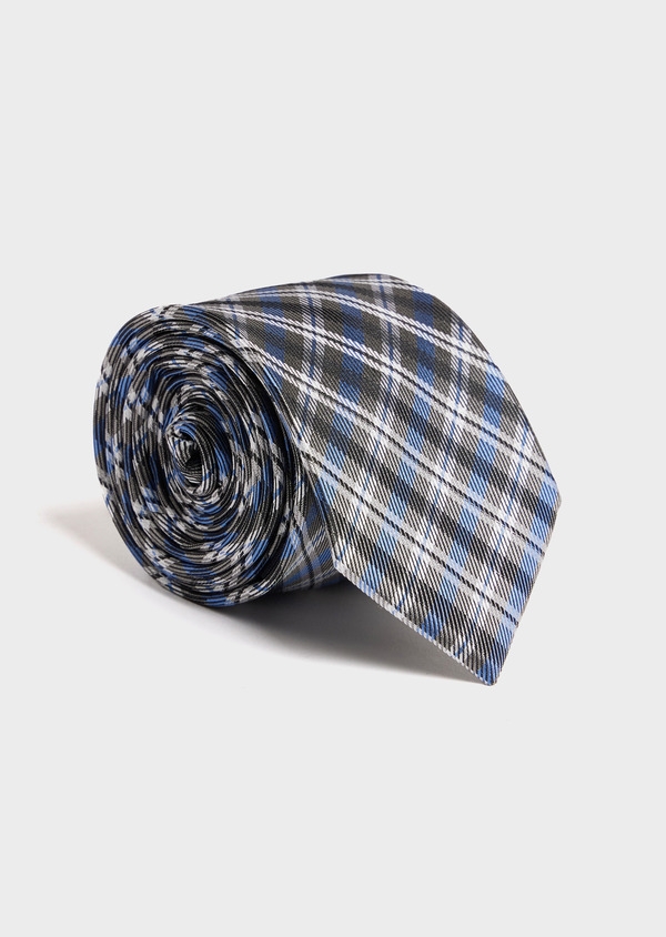 Cravate large en soie gris moyen Prince de Galles bleu et blanc - Father and Sons 52465