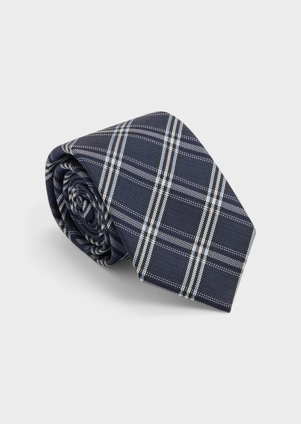Cravate large en soie bleu marine Prince de Galles blanc - Father and Sons 48520