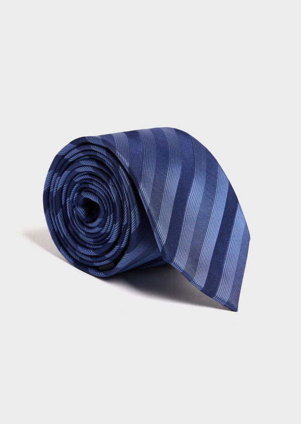 Cravate large en soie bleu azur à rayures bleu marine - Father and Sons 52447