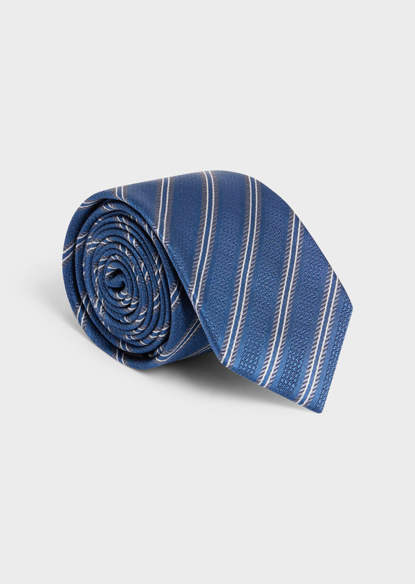Cravate large en soie bleu azur à rayures blanches - Father and Sons 58129