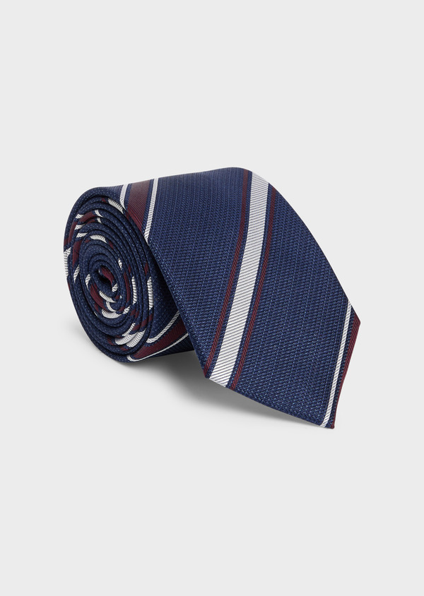 Cravate large en soie bleu indigo à rayures blanc et bordeaux - Father and Sons 48483