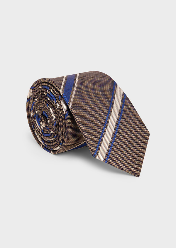 Cravate large en soie marron à rayures bleu cobalt et blanc - Father and Sons 48495