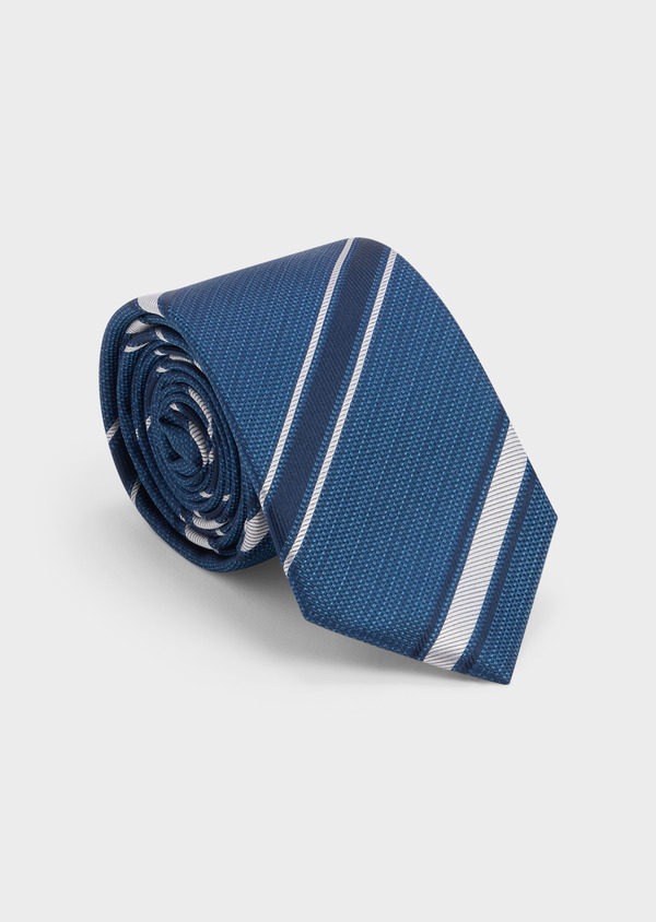 Cravate large en soie bleu prusse à rayures bleu marine et blanc - Father and Sons 48502